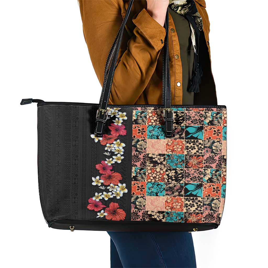 Hawaiian Hibiscus and Tropical Leaves Leather Tote Bag Patchwork Grunge Abstract Vintage Style LT03 - Polynesian Pride