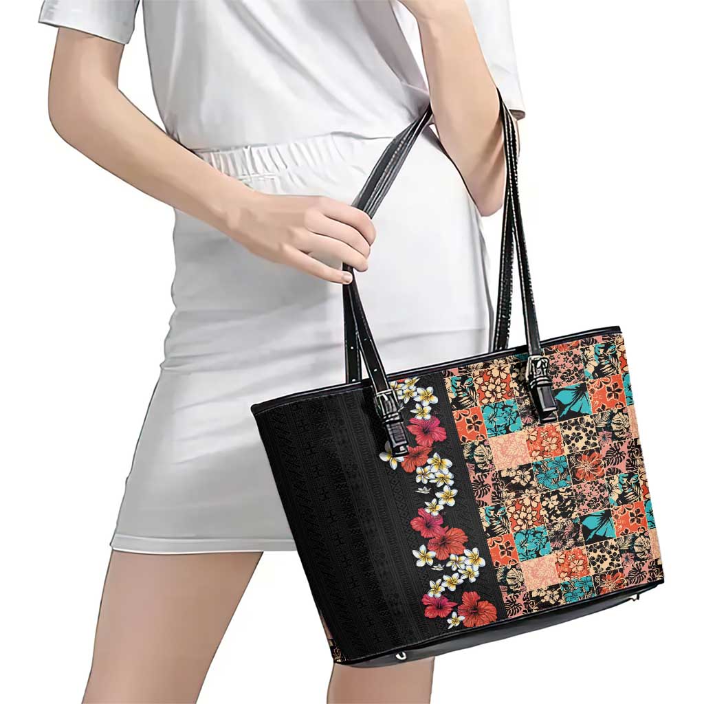Hawaiian Hibiscus and Tropical Leaves Leather Tote Bag Patchwork Grunge Abstract Vintage Style LT03 - Polynesian Pride