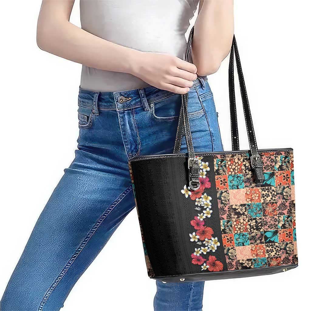 Hawaiian Hibiscus and Tropical Leaves Leather Tote Bag Patchwork Grunge Abstract Vintage Style LT03 - Polynesian Pride
