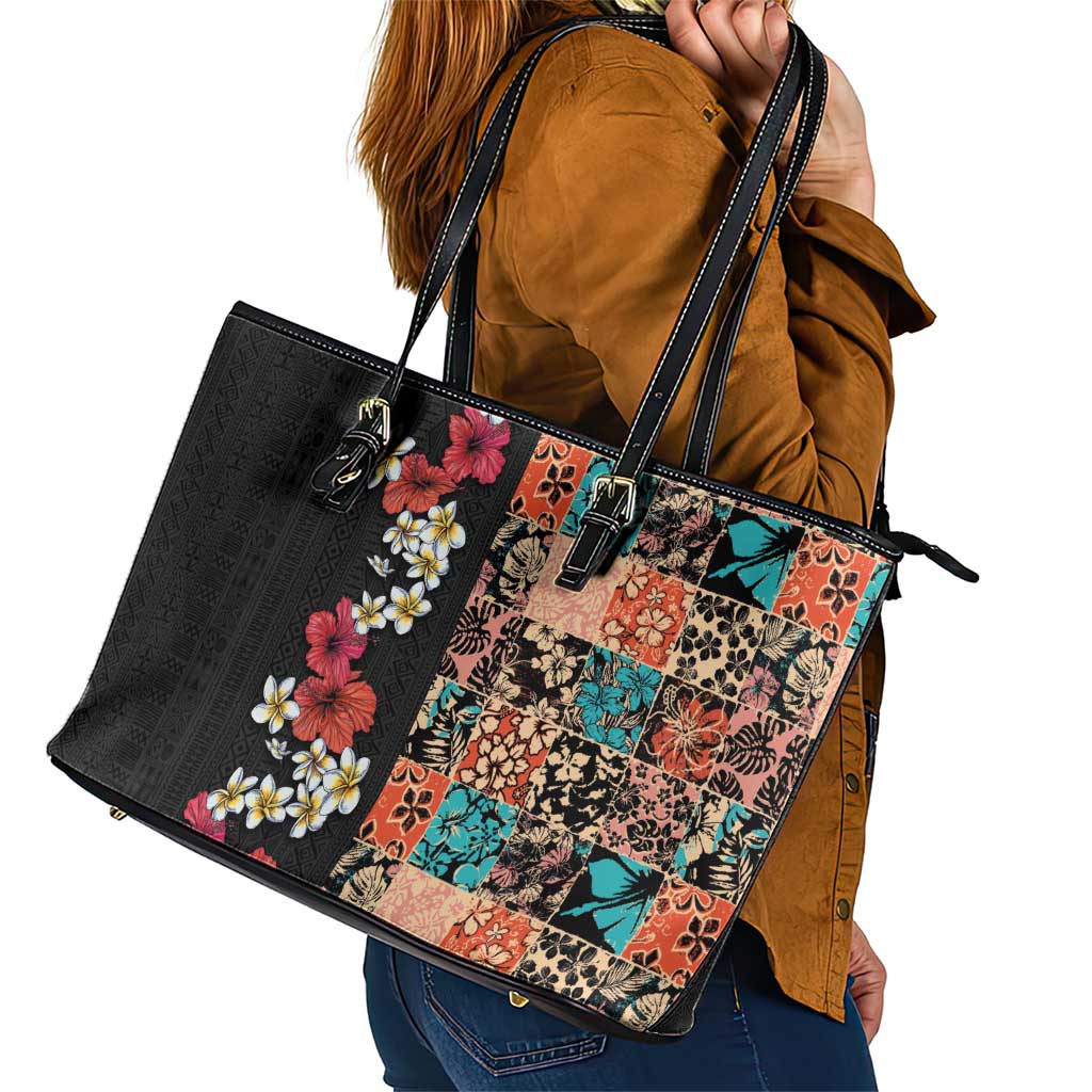 Hawaiian Hibiscus and Tropical Leaves Leather Tote Bag Patchwork Grunge Abstract Vintage Style LT03 - Polynesian Pride