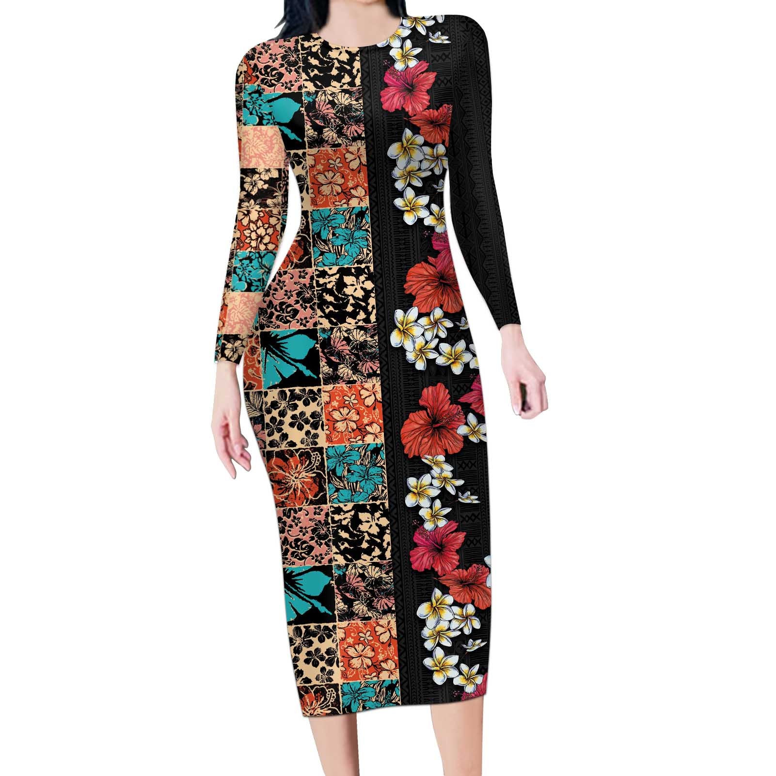 Hawaiian Hibiscus and Tropical Leaves Long Sleeve Bodycon Dress Patchwork Grunge Abstract Vintage Style