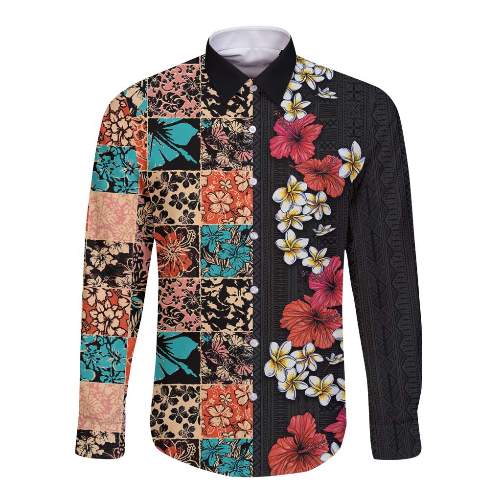 Hawaiian Hibiscus and Tropical Leaves Long Sleeve Button Shirt Patchwork Grunge Abstract Vintage Style