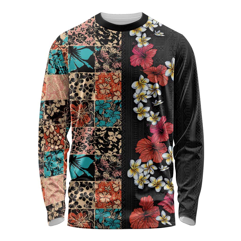 Hawaiian Hibiscus and Tropical Leaves Long Sleeve Shirt Patchwork Grunge Abstract Vintage Style