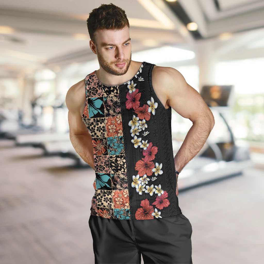 Hawaiian Hibiscus and Tropical Leaves Men Tank Top Patchwork Grunge Abstract Vintage Style LT03 Black - Polynesian Pride