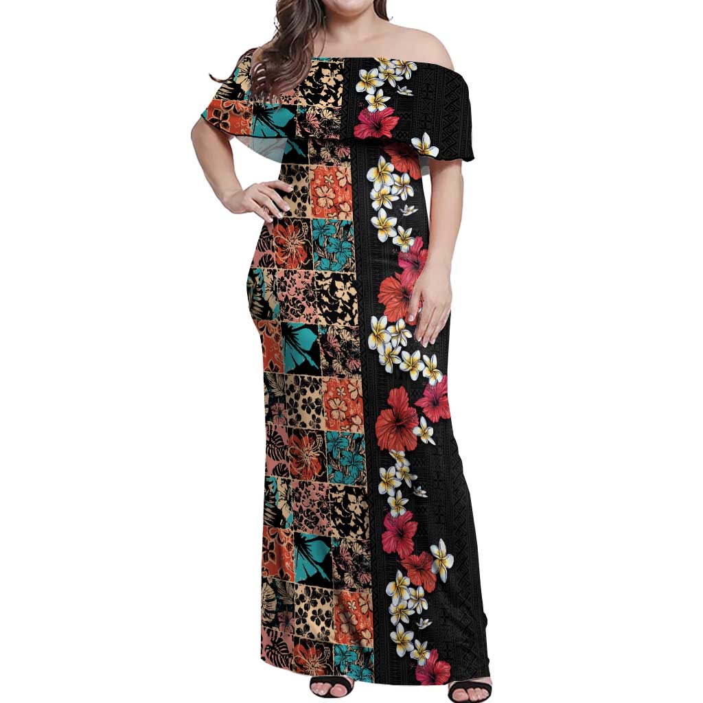 Hawaiian Hibiscus and Tropical Leaves Off Shoulder Maxi Dress Patchwork Grunge Abstract Vintage Style