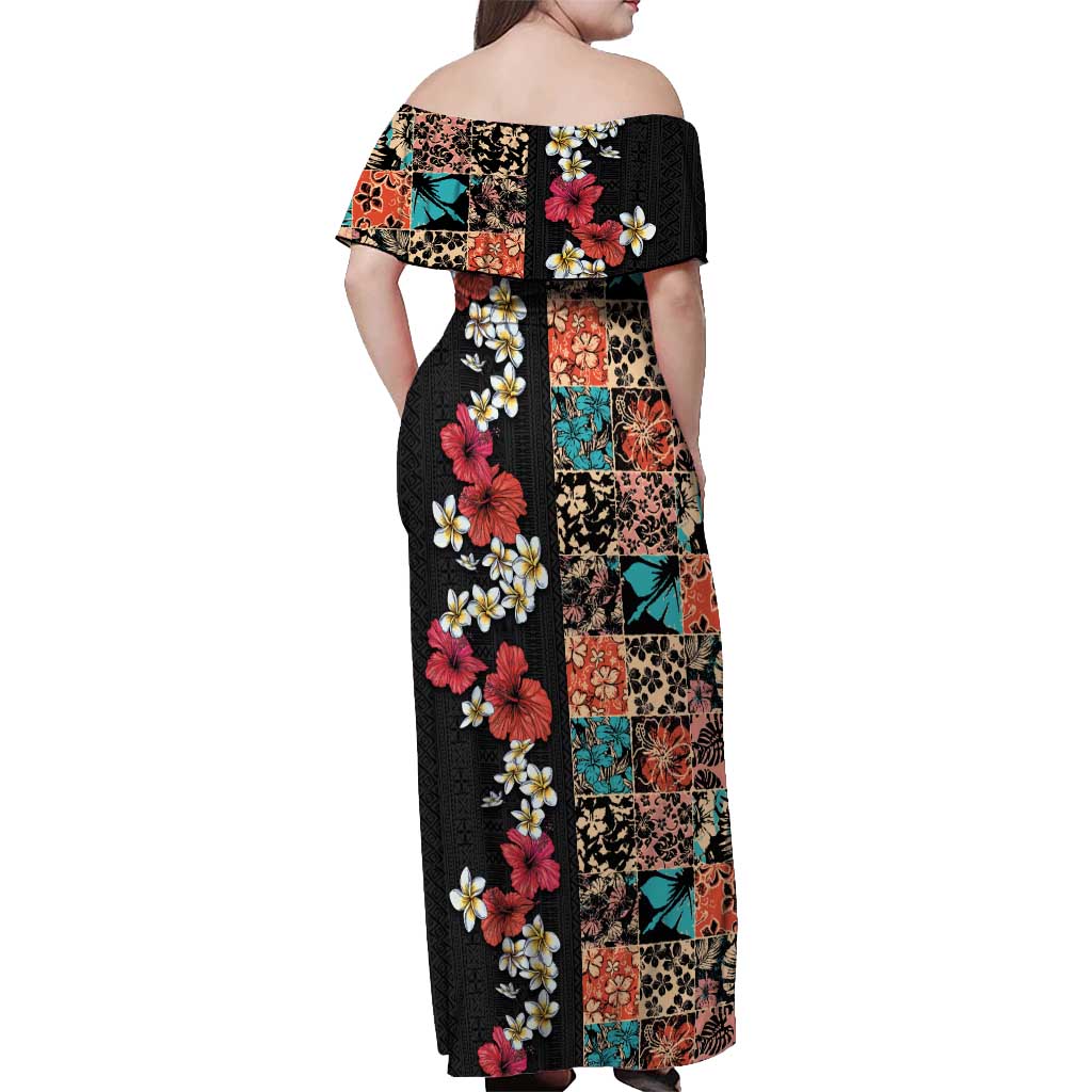 Hawaiian Hibiscus and Tropical Leaves Off Shoulder Maxi Dress Patchwork Grunge Abstract Vintage Style LT03 - Polynesian Pride