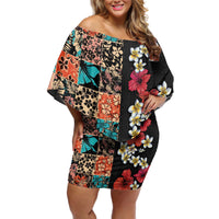 Hawaiian Hibiscus and Tropical Leaves Off Shoulder Short Dress Patchwork Grunge Abstract Vintage Style LT03 Women Black - Polynesian Pride