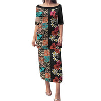 Hawaiian Hibiscus and Tropical Leaves Puletasi Patchwork Grunge Abstract Vintage Style LT03 Long Dress Black - Polynesian Pride