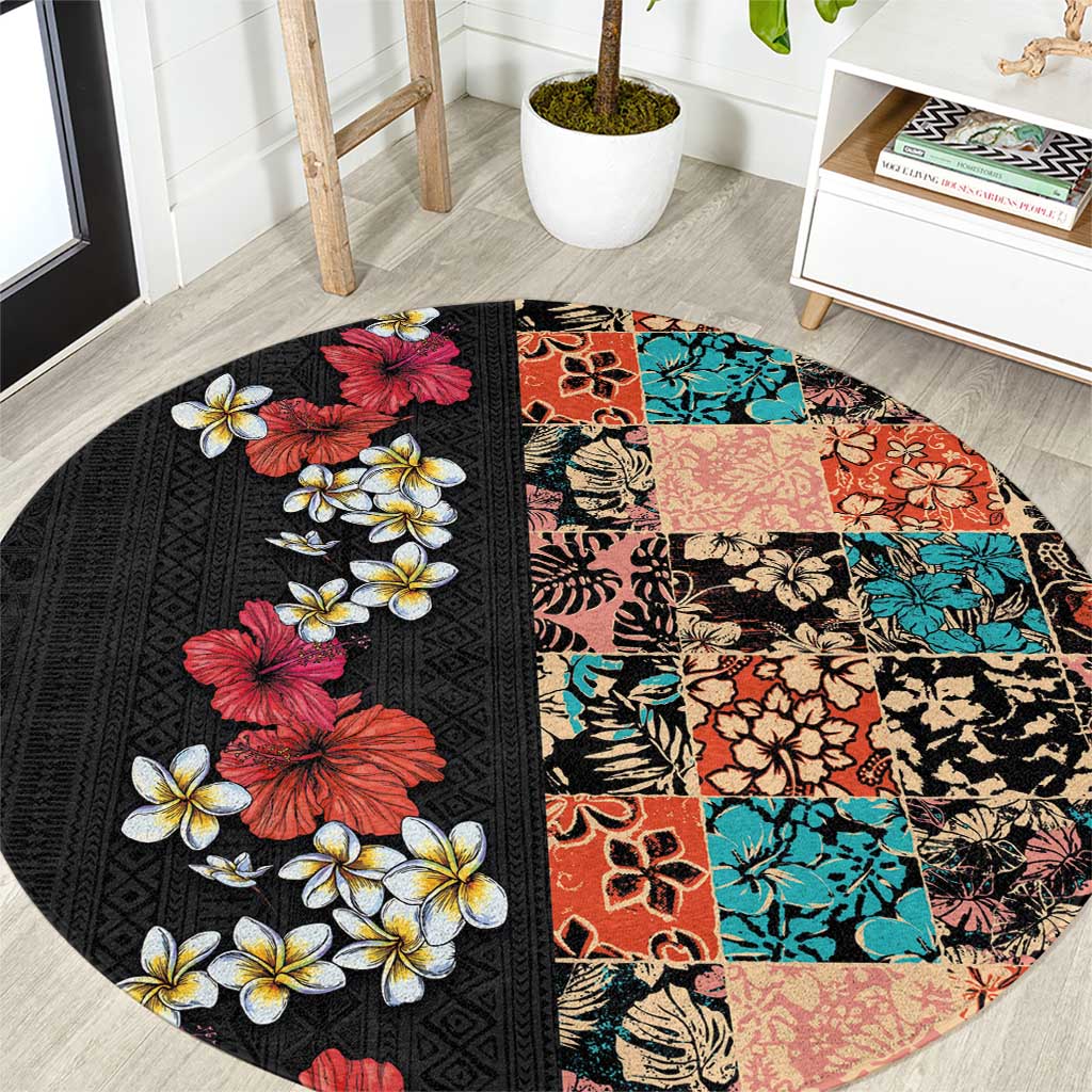 Hawaiian Hibiscus and Tropical Leaves Round Carpet Patchwork Grunge Abstract Vintage Style