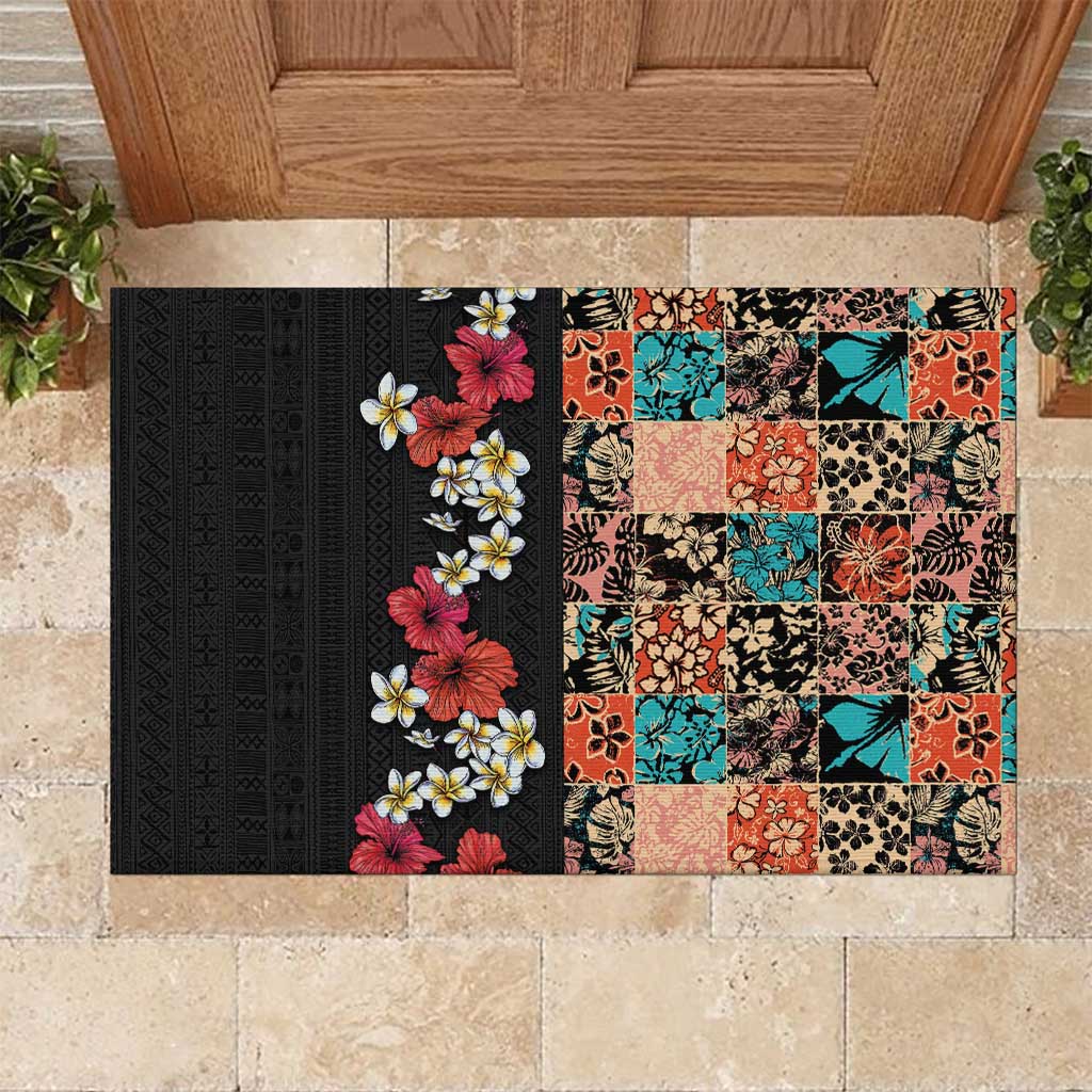 Hawaiian Hibiscus and Tropical Leaves Rubber Doormat Patchwork Grunge Abstract Vintage Style LT03 Black - Polynesian Pride
