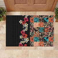 Hawaiian Hibiscus and Tropical Leaves Rubber Doormat Patchwork Grunge Abstract Vintage Style LT03 Black - Polynesian Pride