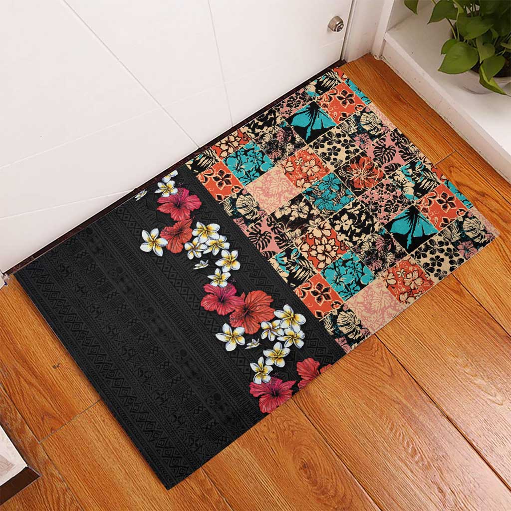 Hawaiian Hibiscus and Tropical Leaves Rubber Doormat Patchwork Grunge Abstract Vintage Style LT03 - Polynesian Pride