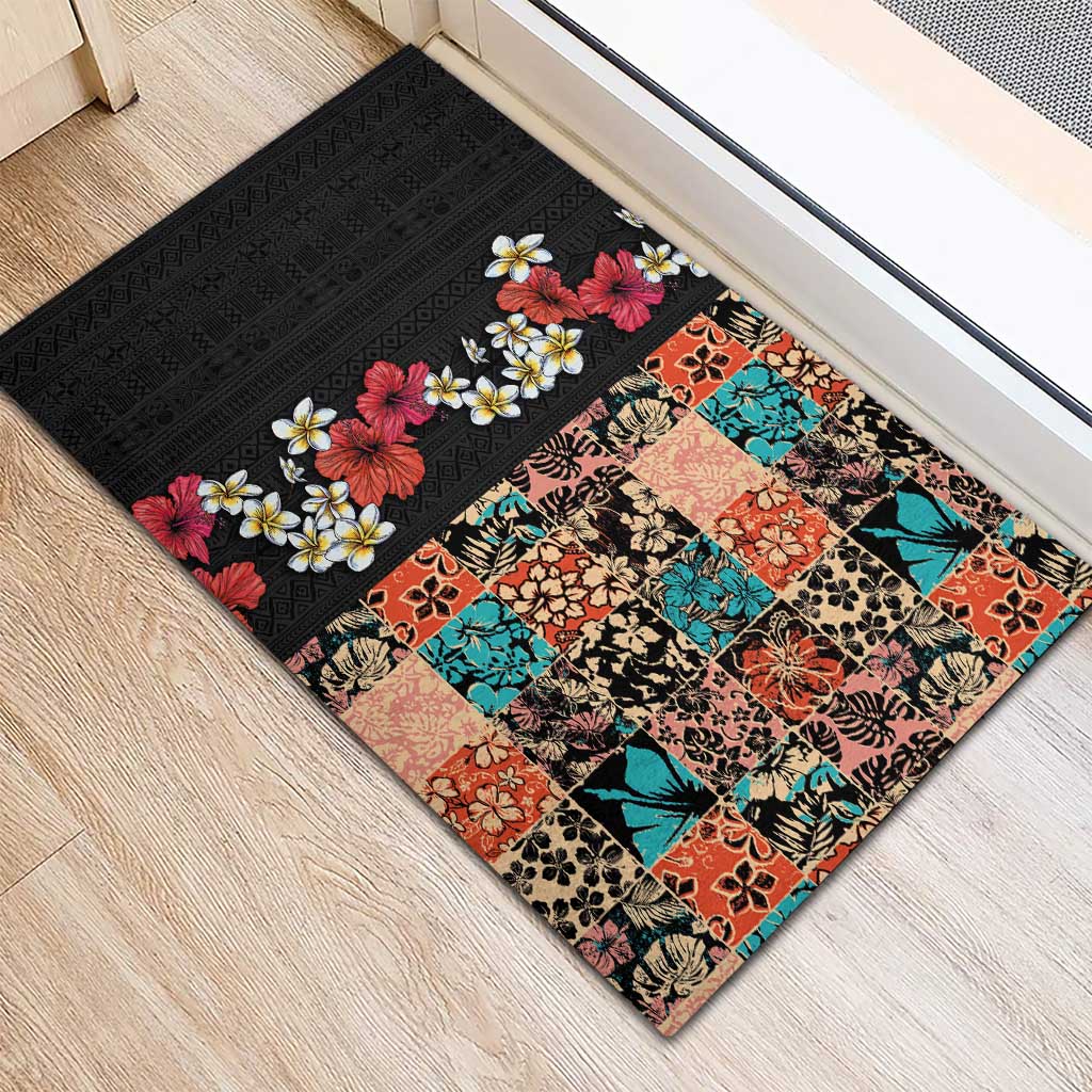 Hawaiian Hibiscus and Tropical Leaves Rubber Doormat Patchwork Grunge Abstract Vintage Style LT03 - Polynesian Pride
