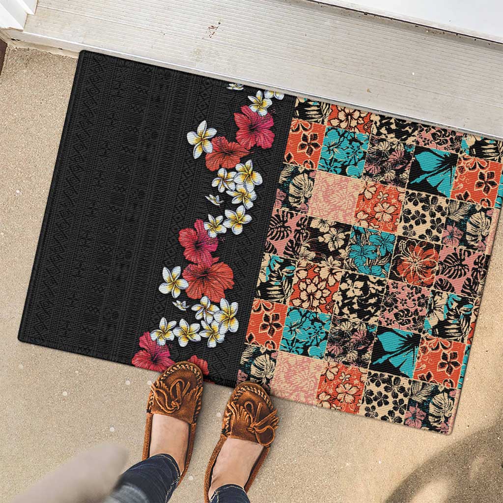Hawaiian Hibiscus and Tropical Leaves Rubber Doormat Patchwork Grunge Abstract Vintage Style LT03 - Polynesian Pride