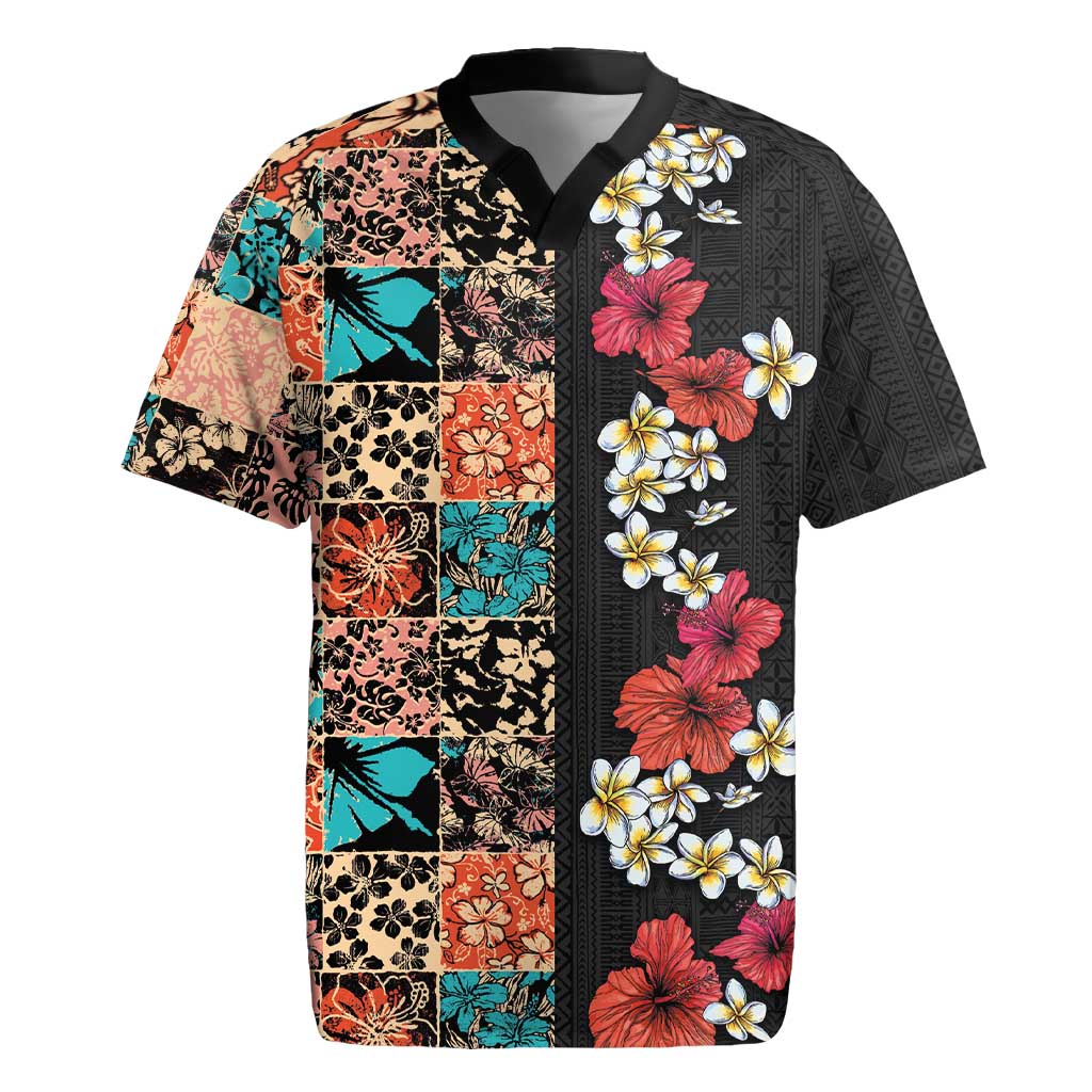 Hawaiian Hibiscus and Tropical Leaves Rugby Jersey Patchwork Grunge Abstract Vintage Style