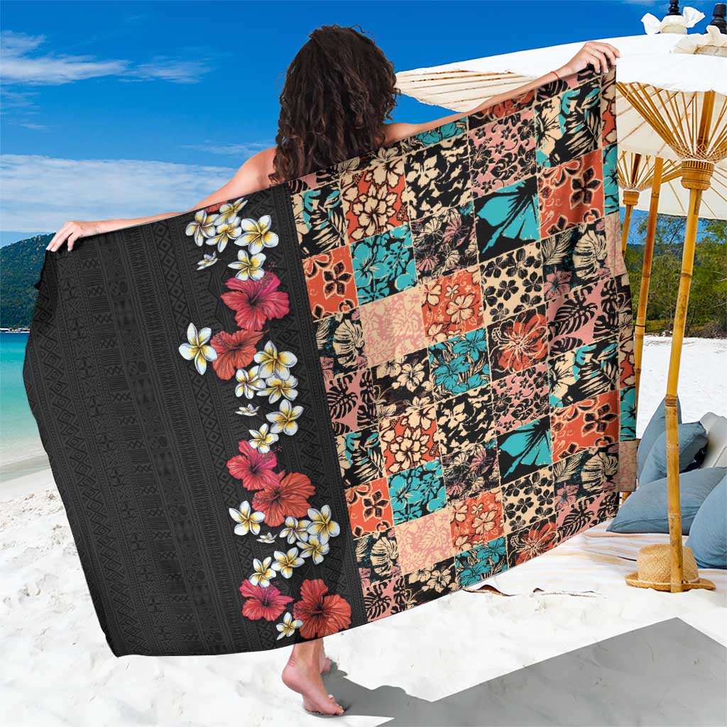 Hawaiian Hibiscus and Tropical Leaves Sarong Patchwork Grunge Abstract Vintage Style