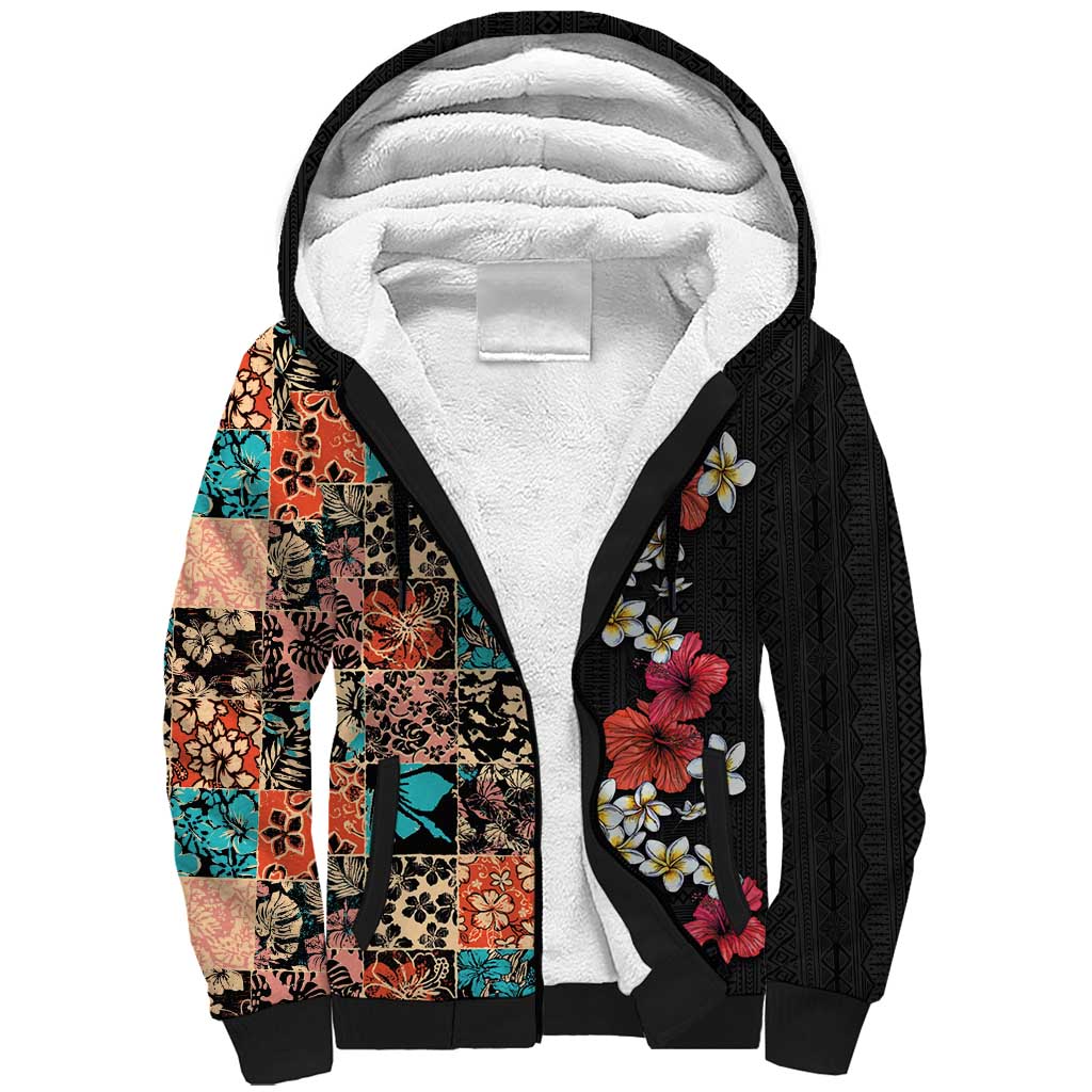 Hawaiian Hibiscus and Tropical Leaves Sherpa Hoodie Patchwork Grunge Abstract Vintage Style LT03 Unisex Black - Polynesian Pride