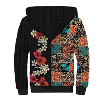 Hawaiian Hibiscus and Tropical Leaves Sherpa Hoodie Patchwork Grunge Abstract Vintage Style LT03 - Polynesian Pride