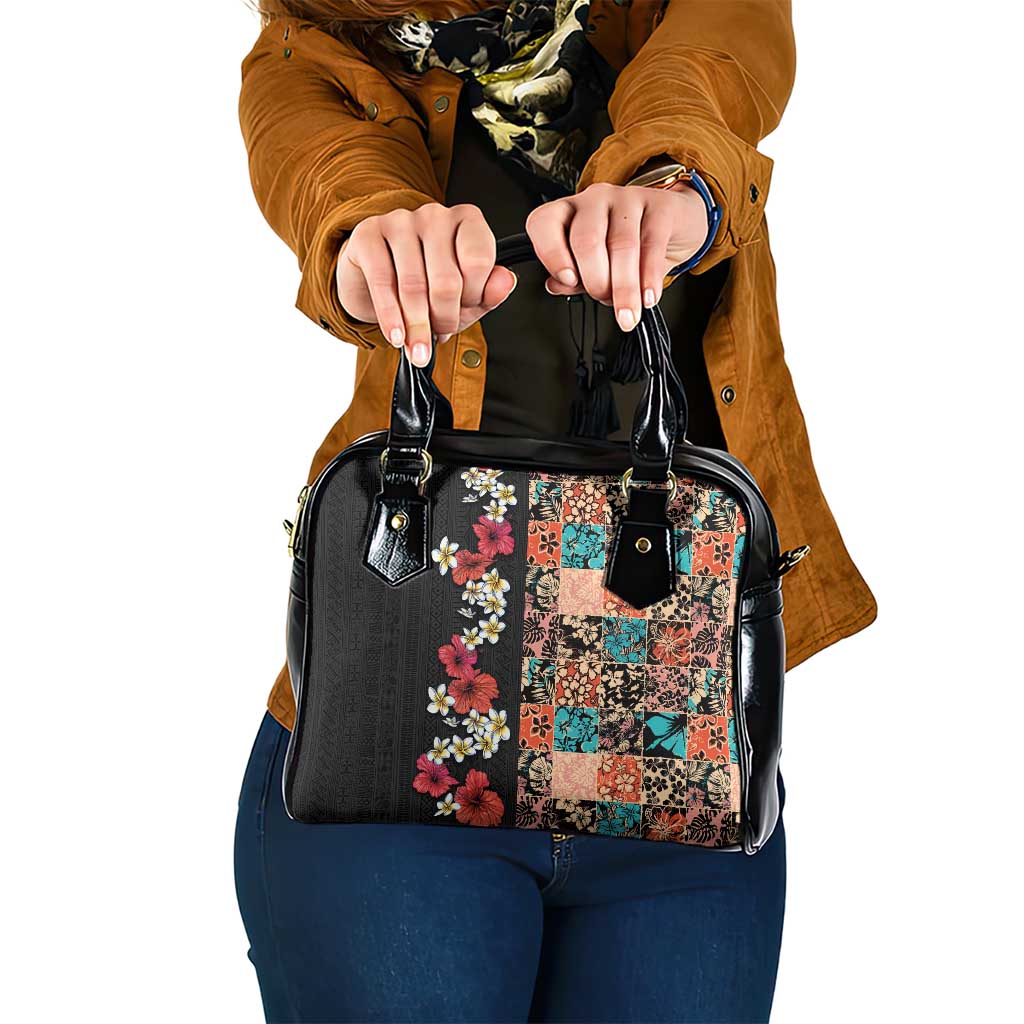 Hawaiian Hibiscus and Tropical Leaves Shoulder Handbag Patchwork Grunge Abstract Vintage Style