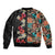 Hawaiian Hibiscus and Tropical Leaves Sleeve Zip Bomber Jacket Patchwork Grunge Abstract Vintage Style