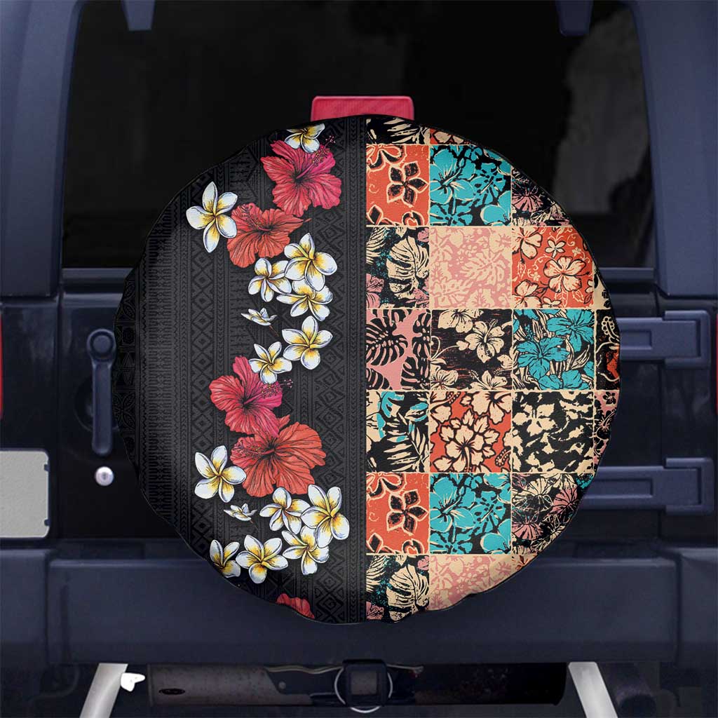 Hawaiian Hibiscus and Tropical Leaves Spare Tire Cover Patchwork Grunge Abstract Vintage Style LT03 - Polynesian Pride