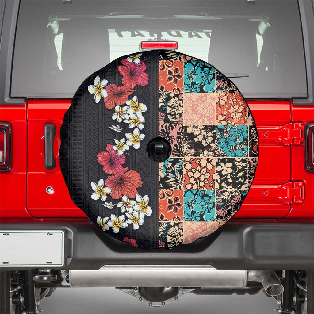Hawaiian Hibiscus and Tropical Leaves Spare Tire Cover Patchwork Grunge Abstract Vintage Style LT03 - Polynesian Pride