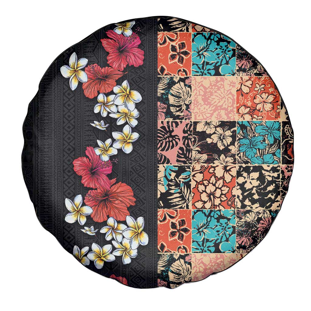 Hawaiian Hibiscus and Tropical Leaves Spare Tire Cover Patchwork Grunge Abstract Vintage Style LT03 - Polynesian Pride