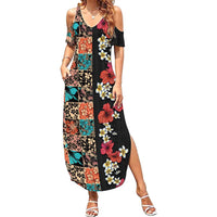 Hawaiian Hibiscus and Tropical Leaves Summer Maxi Dress Patchwork Grunge Abstract Vintage Style LT03 Women Black - Polynesian Pride