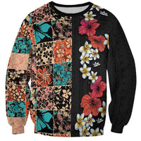 Hawaiian Hibiscus and Tropical Leaves Sweatshirt Patchwork Grunge Abstract Vintage Style LT03 Unisex Black - Polynesian Pride
