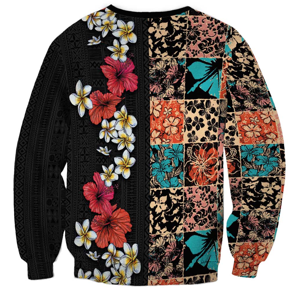 Hawaiian Hibiscus and Tropical Leaves Sweatshirt Patchwork Grunge Abstract Vintage Style LT03 - Polynesian Pride