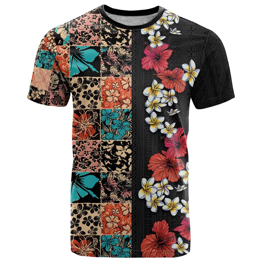 Hawaiian Hibiscus and Tropical Leaves T Shirt Patchwork Grunge Abstract Vintage Style