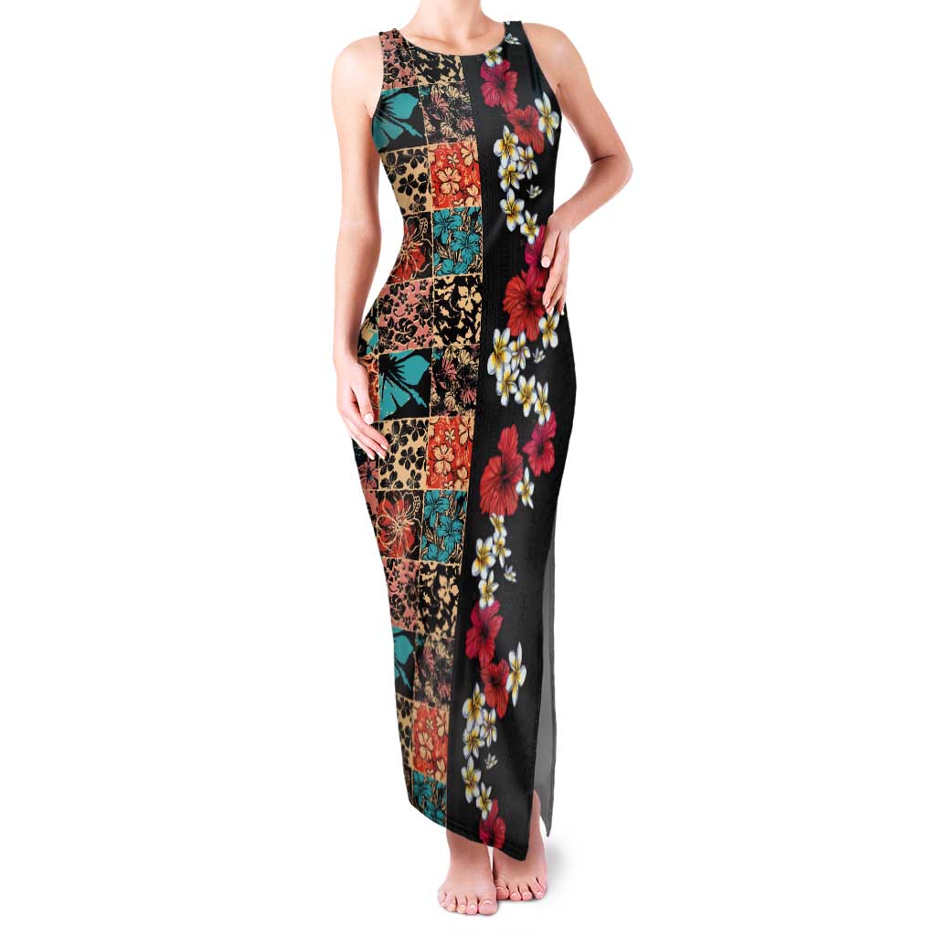 Hawaiian Hibiscus and Tropical Leaves Tank Maxi Dress Patchwork Grunge Abstract Vintage Style LT03 Women Black - Polynesian Pride