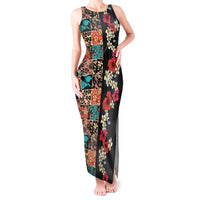 Hawaiian Hibiscus and Tropical Leaves Tank Maxi Dress Patchwork Grunge Abstract Vintage Style LT03 Women Black - Polynesian Pride