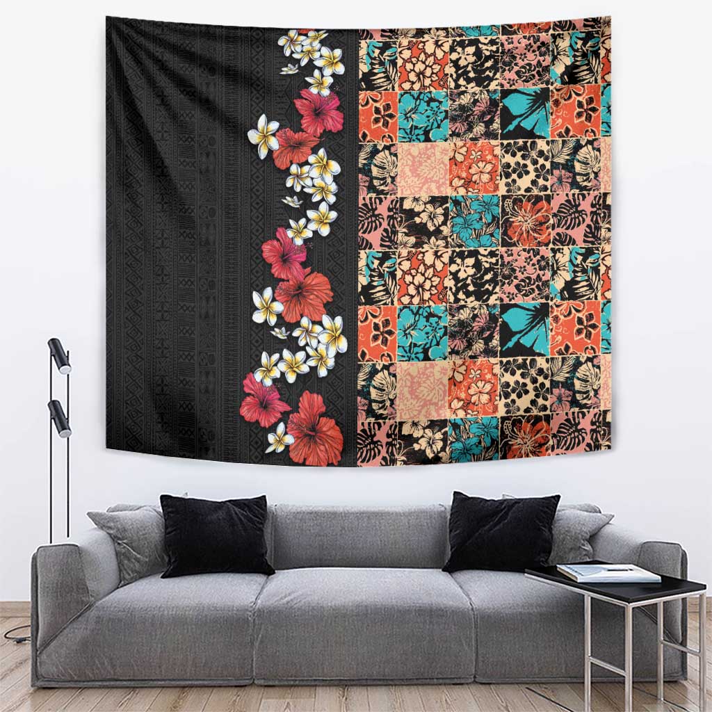 Hawaiian Hibiscus and Tropical Leaves Tapestry Patchwork Grunge Abstract Vintage Style