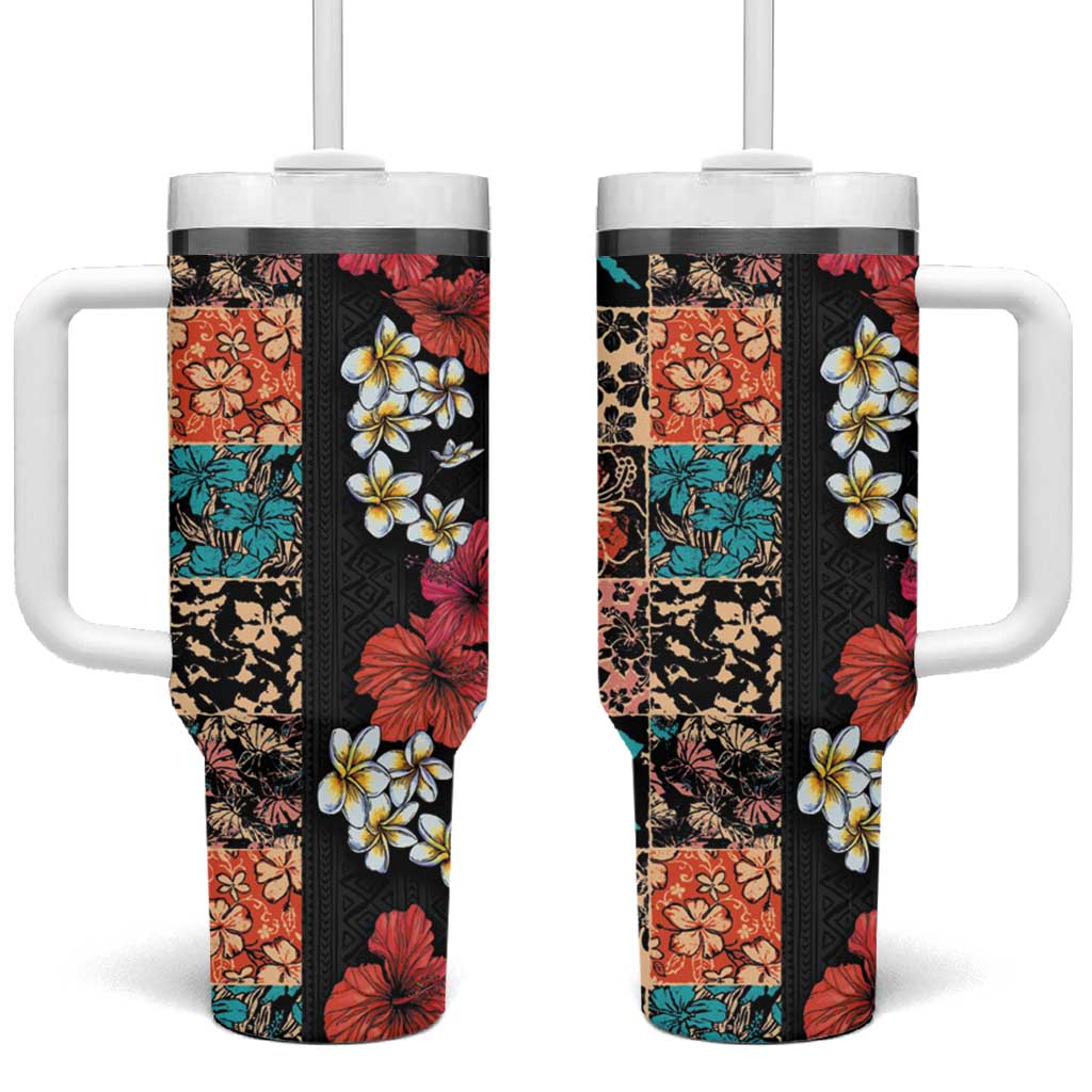 Hawaiian Hibiscus and Tropical Leaves Tumbler With Handle Patchwork Grunge Abstract Vintage Style