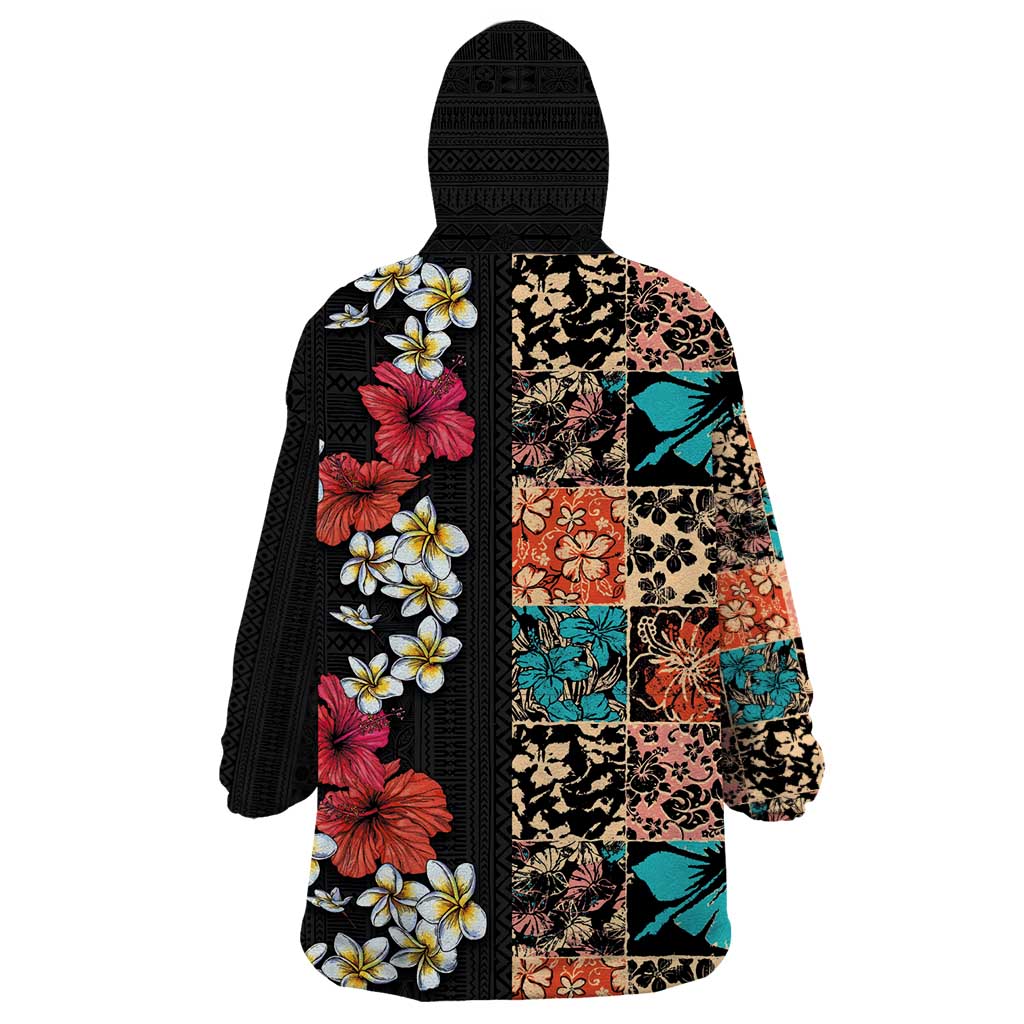 Hawaiian Hibiscus and Tropical Leaves Wearable Blanket Hoodie Patchwork Grunge Abstract Vintage Style LT03 - Polynesian Pride