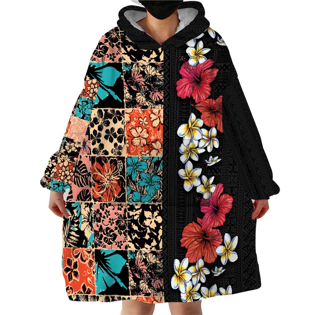 Hawaiian Hibiscus and Tropical Leaves Wearable Blanket Hoodie Patchwork Grunge Abstract Vintage Style LT03 - Polynesian Pride