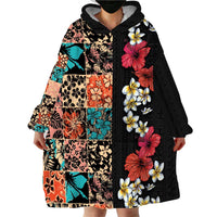 Hawaiian Hibiscus and Tropical Leaves Wearable Blanket Hoodie Patchwork Grunge Abstract Vintage Style LT03 - Polynesian Pride