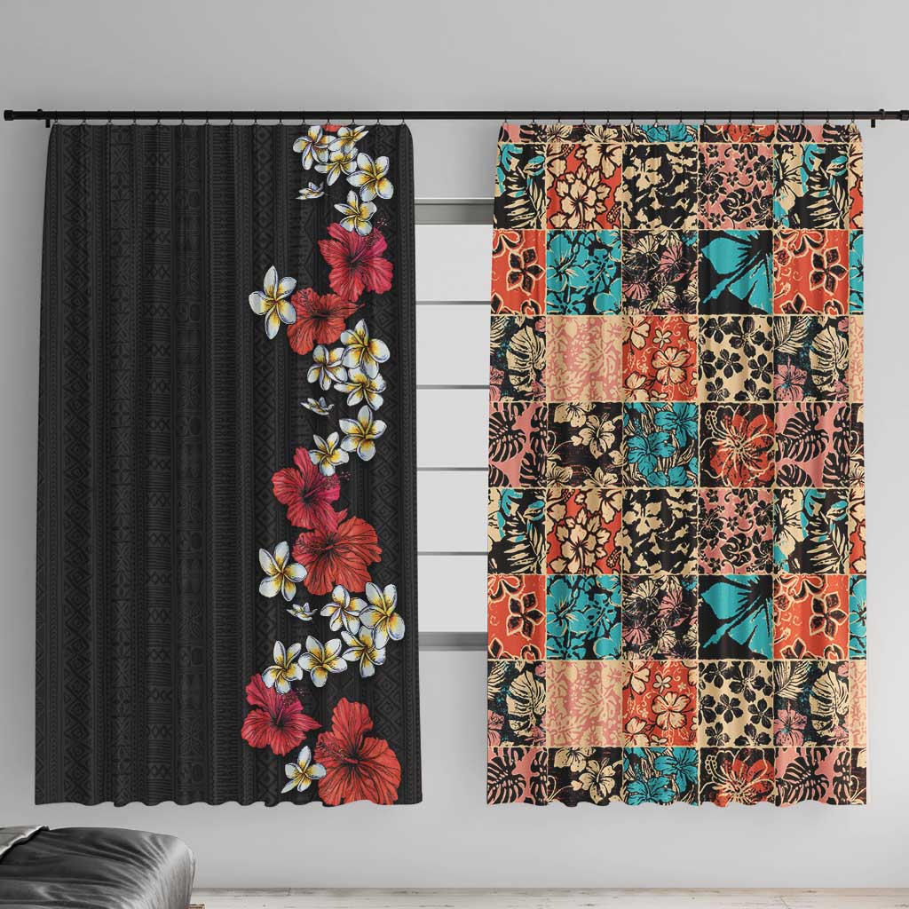 Hawaiian Hibiscus and Tropical Leaves Window Curtain Patchwork Grunge Abstract Vintage Style LT03 With Hooks Black - Polynesian Pride