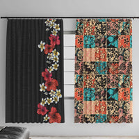 Hawaiian Hibiscus and Tropical Leaves Window Curtain Patchwork Grunge Abstract Vintage Style LT03 With Hooks Black - Polynesian Pride