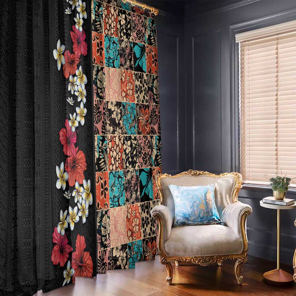 Hawaiian Hibiscus and Tropical Leaves Window Curtain Patchwork Grunge Abstract Vintage Style LT03 - Polynesian Pride