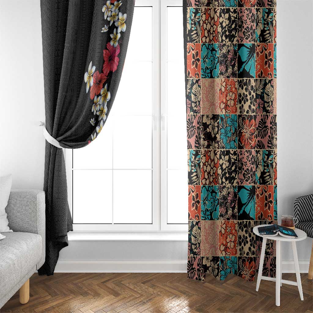 Hawaiian Hibiscus and Tropical Leaves Window Curtain Patchwork Grunge Abstract Vintage Style LT03 - Polynesian Pride
