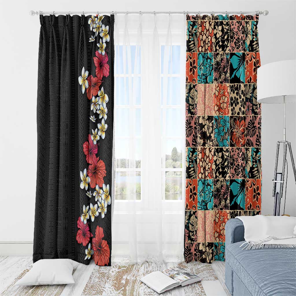 Hawaiian Hibiscus and Tropical Leaves Window Curtain Patchwork Grunge Abstract Vintage Style LT03 - Polynesian Pride
