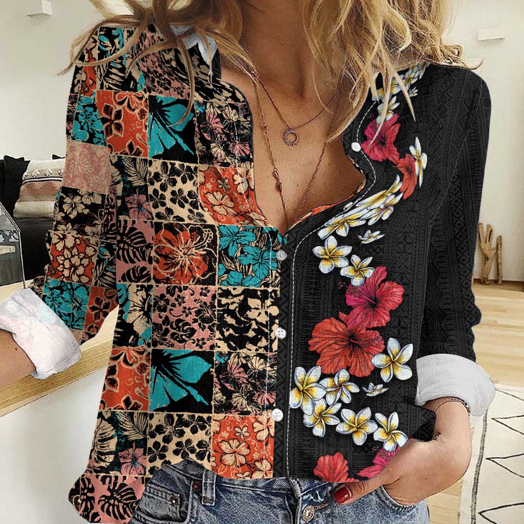 Hawaiian Hibiscus and Tropical Leaves Women Casual Shirt Patchwork Grunge Abstract Vintage Style