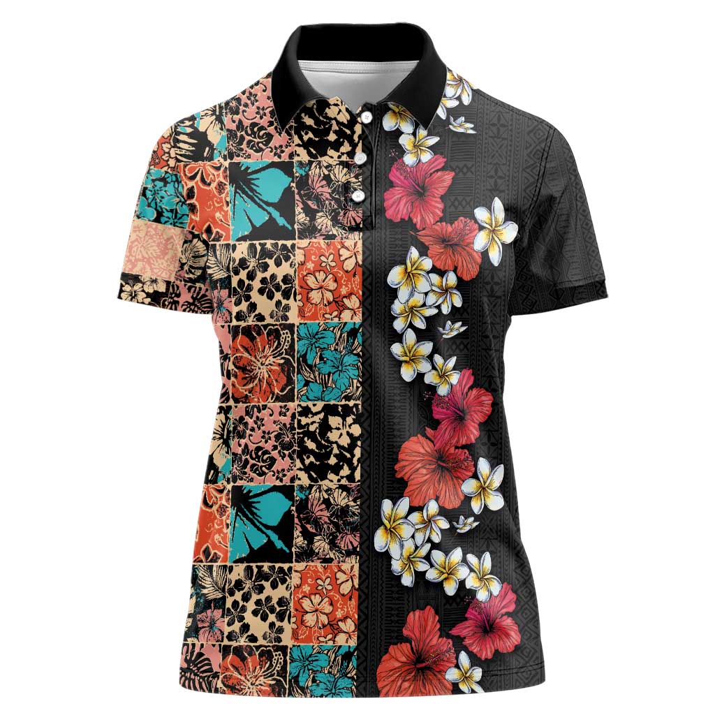 Hawaiian Hibiscus and Tropical Leaves Women Polo Shirt Patchwork Grunge Abstract Vintage Style