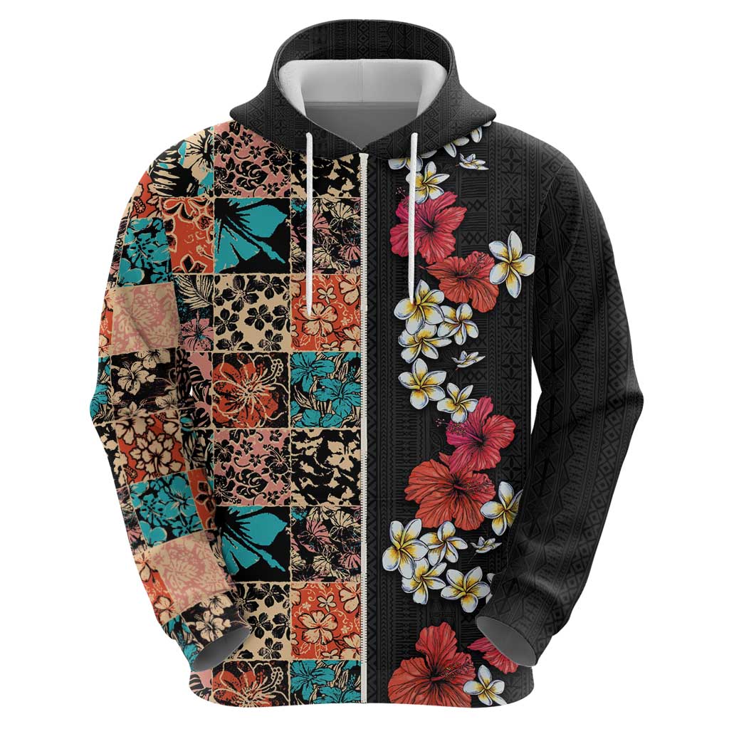 Hawaiian Hibiscus and Tropical Leaves Zip Hoodie Patchwork Grunge Abstract Vintage Style