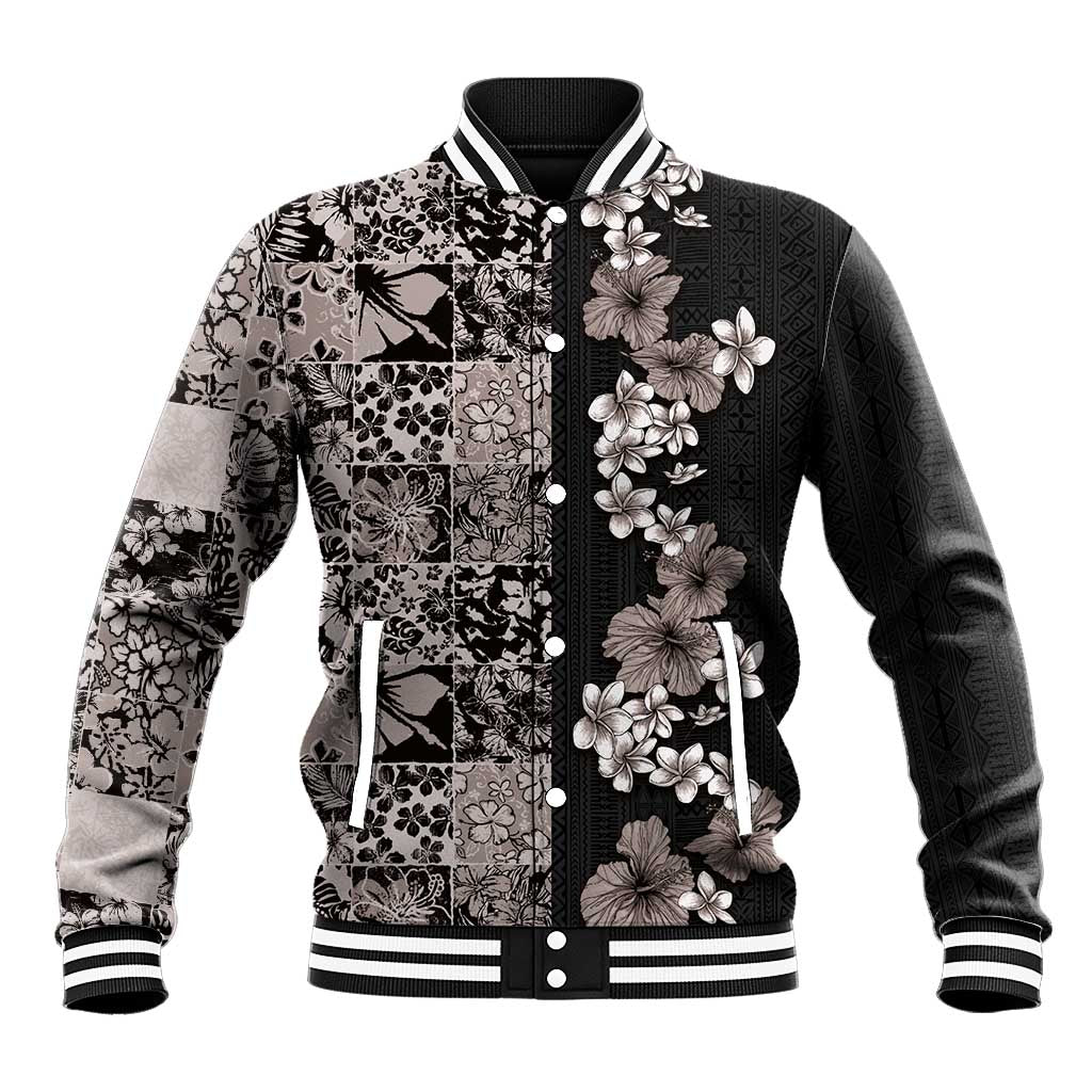 Hawaiian Hibiscus and Tropical Leaves Baseball Jacket Patchwork Grunge Abstract Vintage Style Grayscale Color LT03 Unisex Black - Polynesian Pride