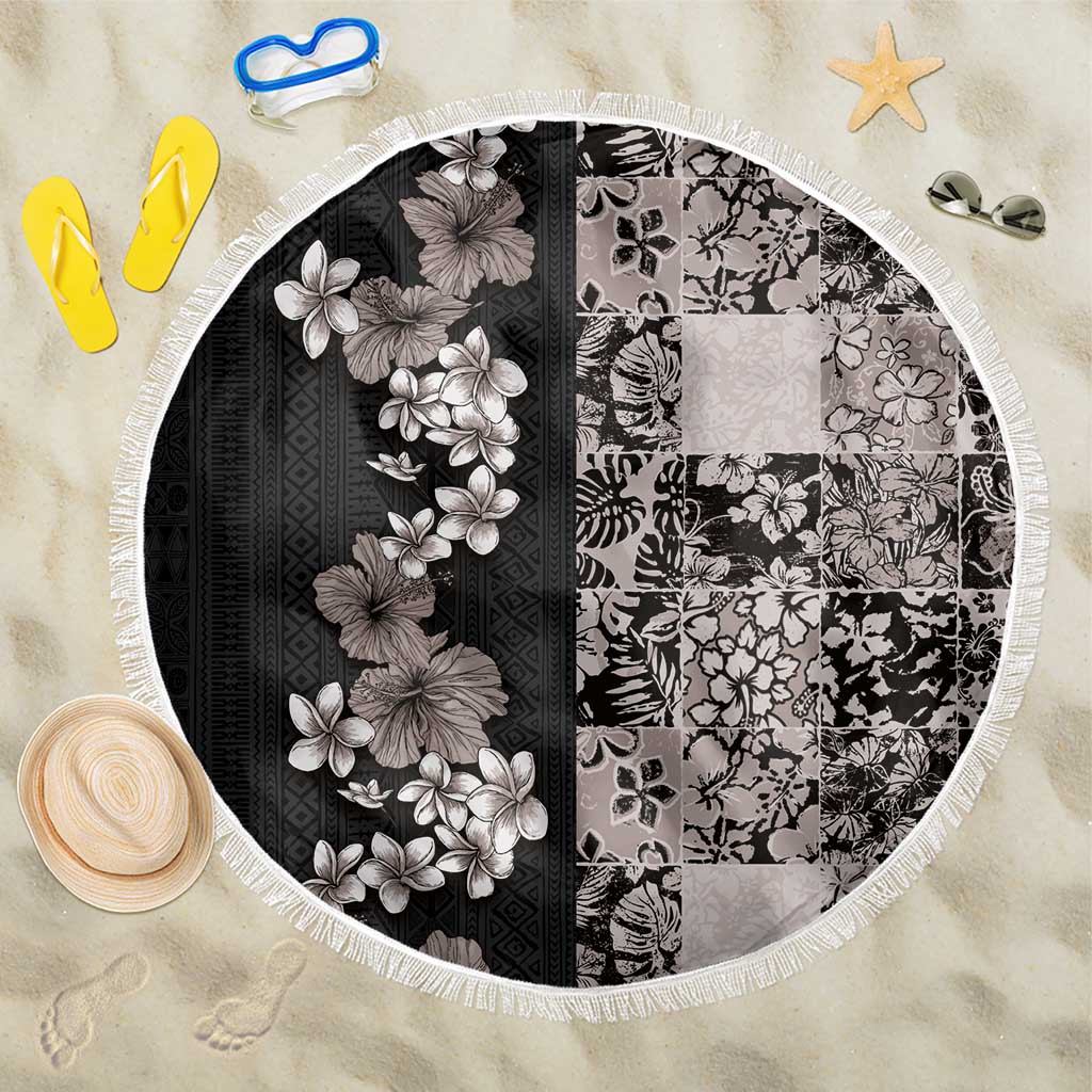 Hawaiian Hibiscus and Tropical Leaves Beach Blanket Patchwork Grunge Abstract Vintage Style Grayscale Color LT03 One Size 150cm Black - Polynesian Pride