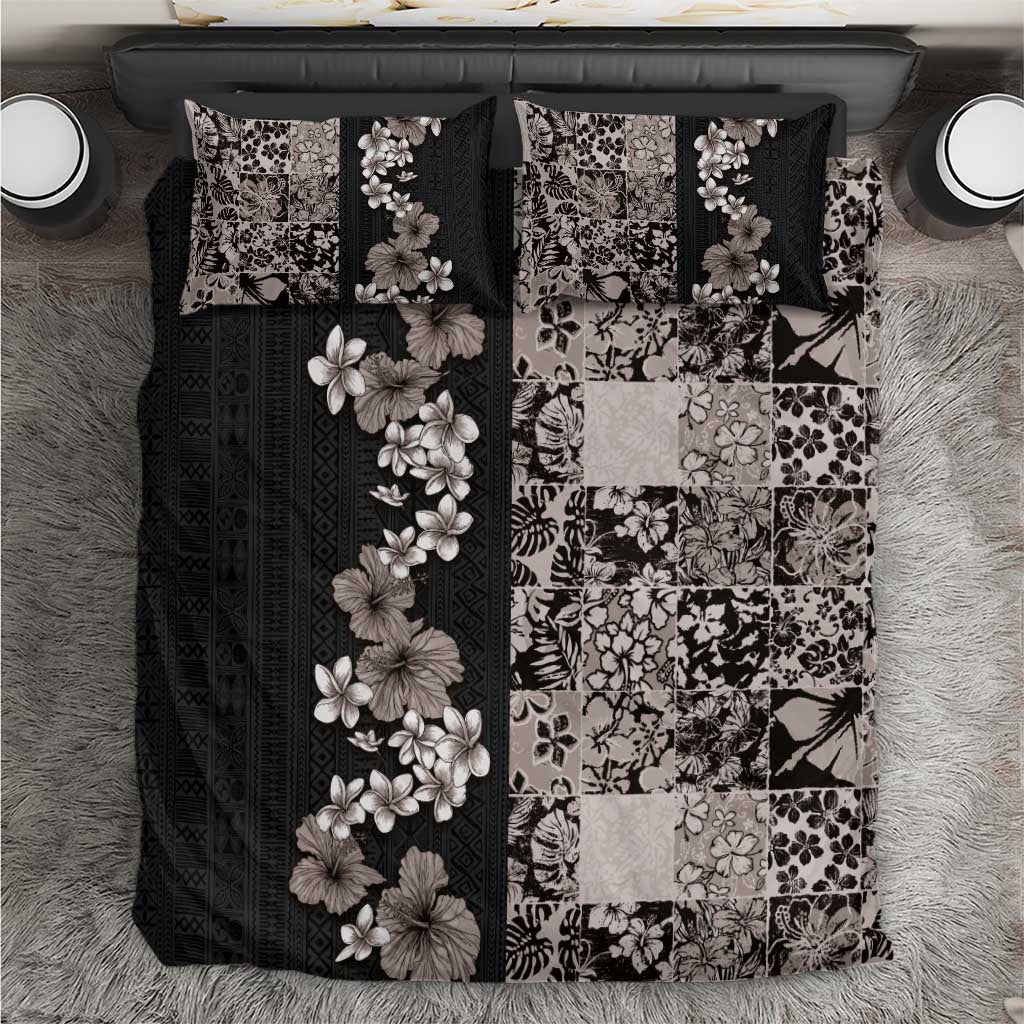 Hawaiian Hibiscus and Tropical Leaves Bedding Set Patchwork Grunge Abstract Vintage Style Grayscale Color