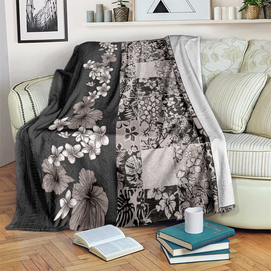 Hawaiian Hibiscus and Tropical Leaves Blanket Patchwork Grunge Abstract Vintage Style Grayscale Color LT03 Black - Polynesian Pride